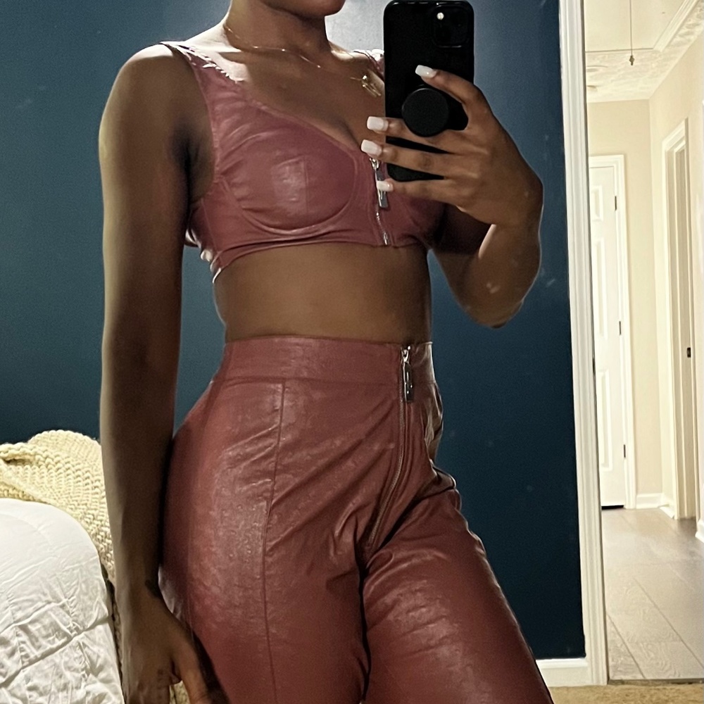 Shape Clay Textured PU Zip Front Bralet  & Straight leg pants